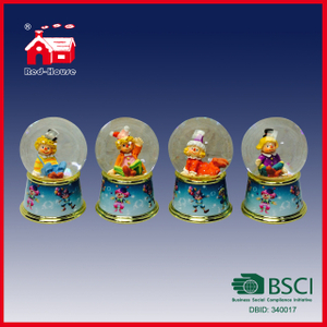 Cute Figures in Glass Water Globe on Printed Base with LED Lights and Blowing Snow 